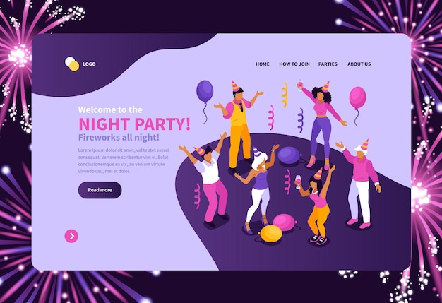 Isometric night party landing page