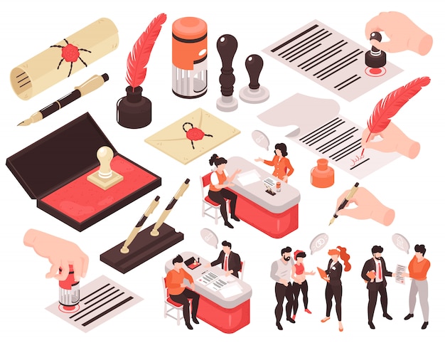 Free Vector isometric notary services set of isolated images with human characters thought bubbles and hands with pens