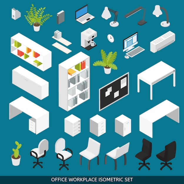 Isometric office workplace set for scene creator. With attributes and office furniture for the organization of  workplace