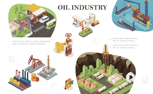 Isometric oil industry composition with tankers fuel station railway cisterns derrick drilling rig trucks canisters barrels of petroleum gas pipeline and valve