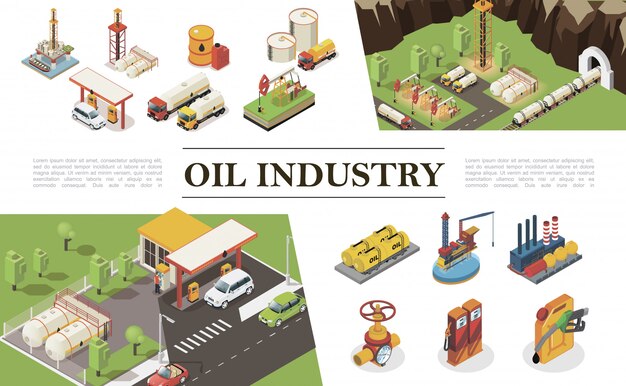 Isometric oil industry elements composition with factory gas station pipeline and valve derricks drilling rigs water platform canisters barrels cisterns of petroleum