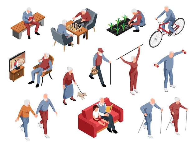 Free vector isometric old people activity icon set elderly people read books play chess take care of seedlings watch tv go for walks play sports vector illustration