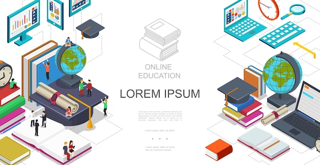 Isometric online education template with students sitting and standing on books globe laptop tablet magnifier certificate graduation cap  illustration