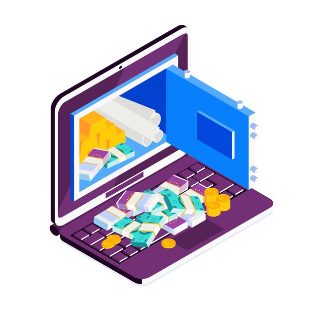 Isometric online mobile bank composition with icons of laptop safe box and money in cash vector illustration