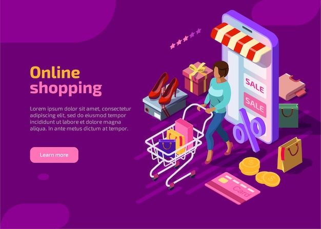 Isometric online shopping concept on violet background