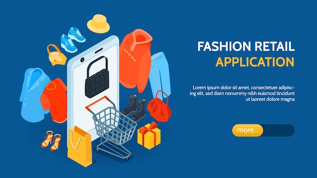 Isometric online shopping fashion horizontal banner with images of goods smartphone editable text and more button