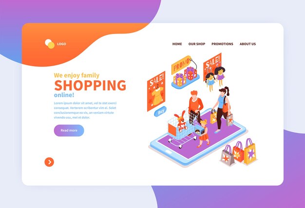 Isometric online shopping with kids landing page template