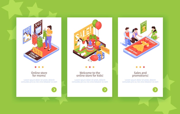 Free Vector isometric online shopping with kids web banner set