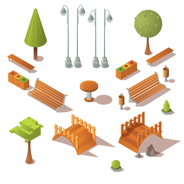 Free Vector isometric park set. benches, trees, wooden bridges