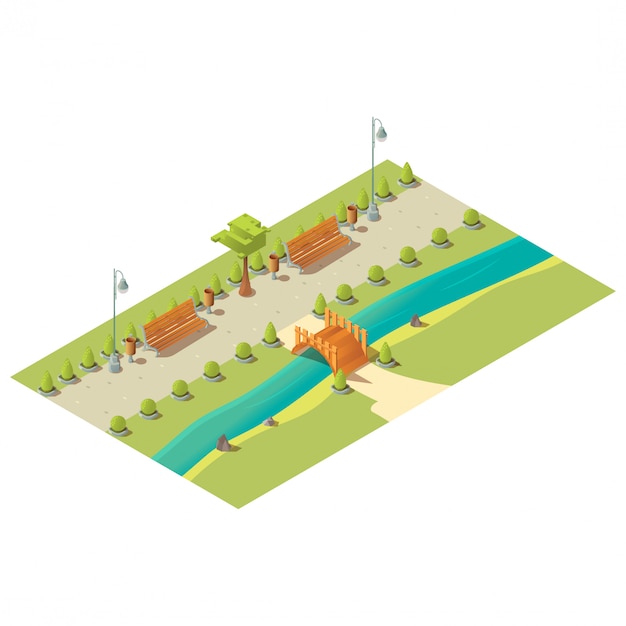 Free Vector isometric park with benches, trees, bushes, wooden bridge above river and litter bins