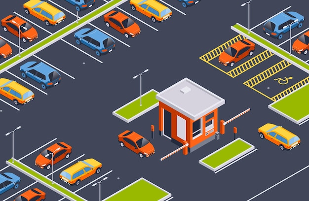 Free Vector isometric parking composition with outdoor view of parking lot with cars laying and cash register booth vector illustration