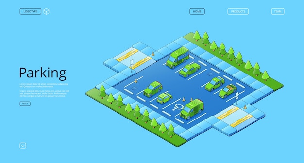 Isometric parking with cars trees and road signs