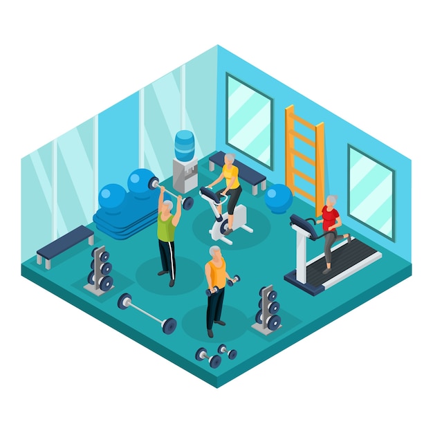 Free Vector isometric pensioners in gym concept with grandfathers lifting dumbbels barbells and grandmothers running on treadmill and exercising bike