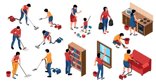 Isometric people cleaning home set with isolated icons characters of family members doing cleanup of apartment vector illustration