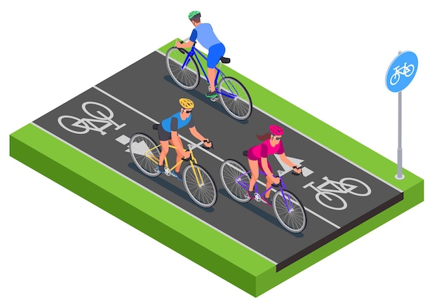 Isometric people in helmets cycling along bicycle lane 3d