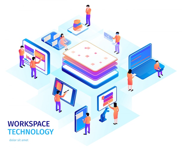 Isometric people interfaces composition with small human characters and images of electronic devices with text vector illustration