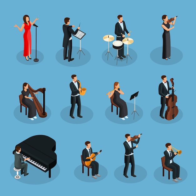 Isometric people in orchestra collection with conductor singer and musicians playing different musical instruments isolated 