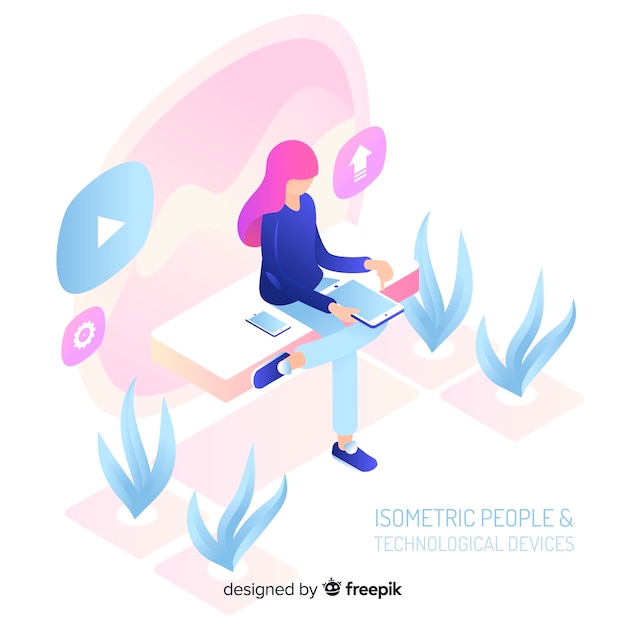 Isometric people using technological devices background