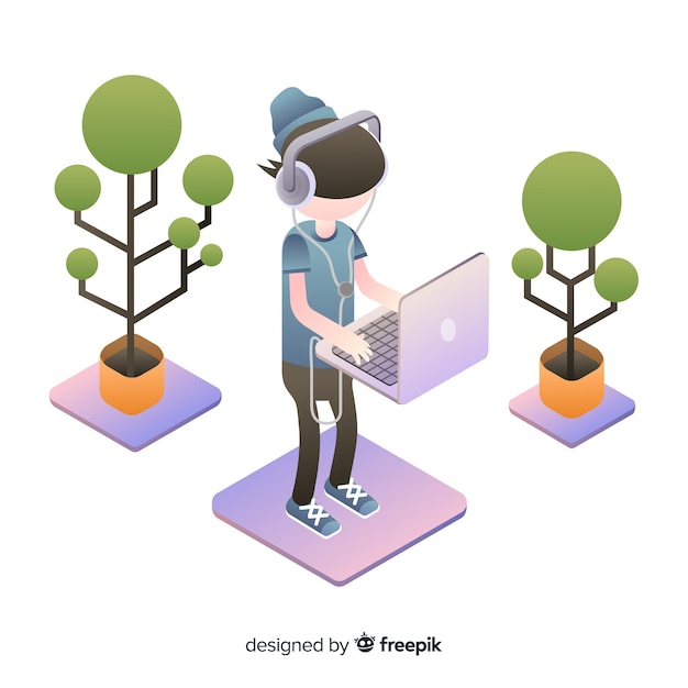 Free vector isometric people using technological devices background