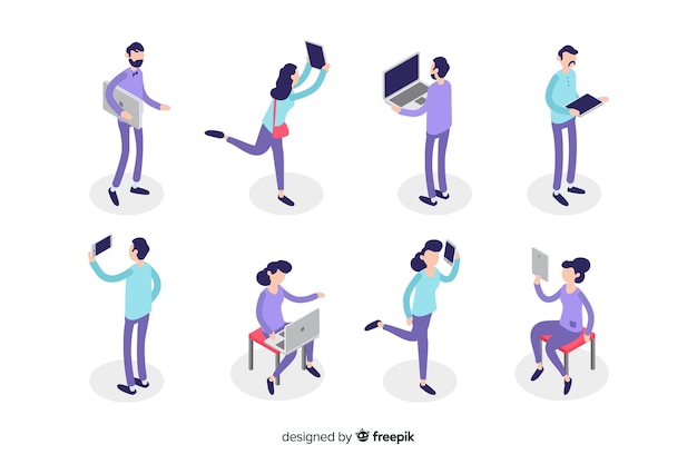 Free Vector isometric people using technological devices