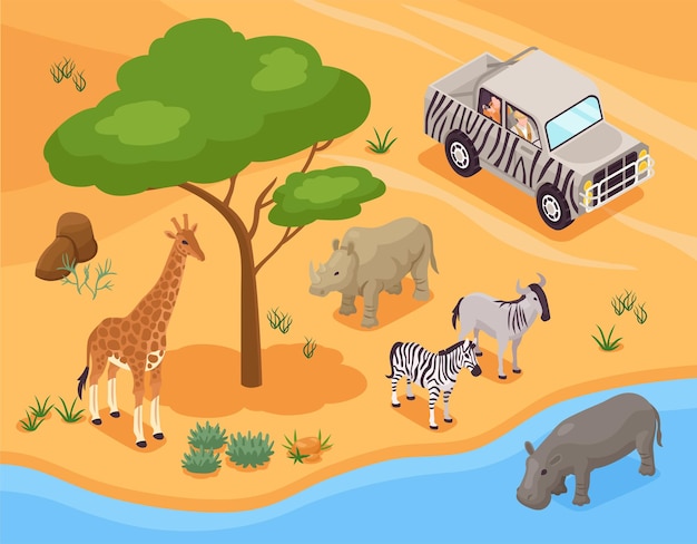 Free Vector isometric photo safari concept with wild animals and tourist in travel vehicle vector illustration