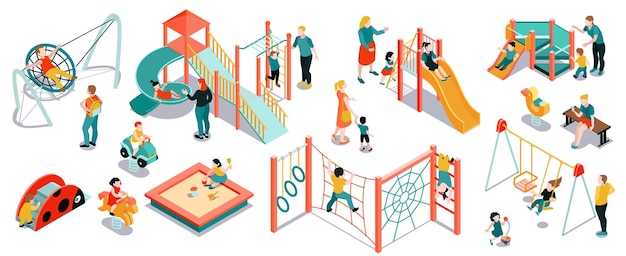 Isometric playground color set with isolated s and play equipment with children and parents