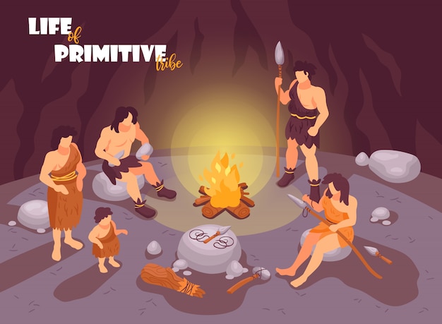 Free Vector isometric primitive people caveman composition with cave scenery bonfire and human characters of tribe family members  illustration