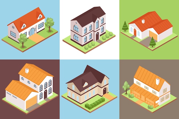 Free Vector isometric private house compositions set with different size price and style buildings