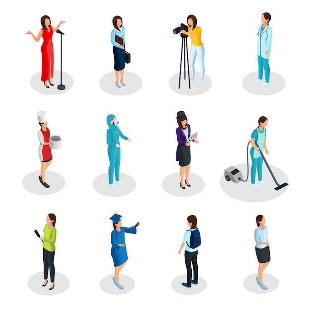 Isometric professions set with singer business woman photographer doctor cook scientist illusionist housemaid reporter graduate student cleaner isolated 