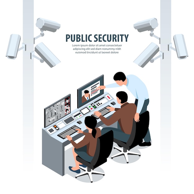 Isometric public security with editable text images of cameras on posts and visual control point illustration