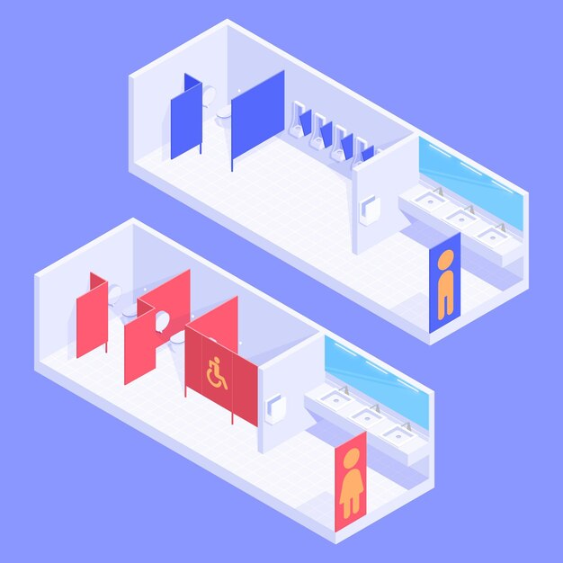 Isometric public toilets male and female