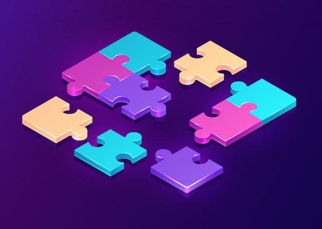 Isometric puzzle pieces on purple background