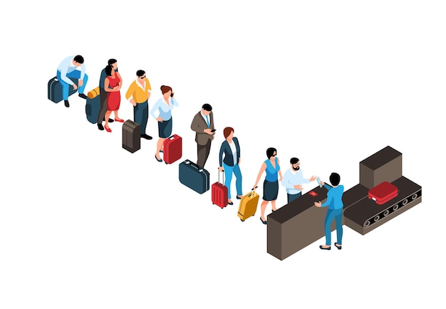 Isometric queue composition with line of passengers in front of check in desk