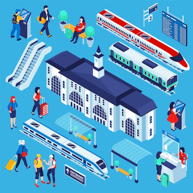 Isometric railway station set of isolated railroad complex illustration