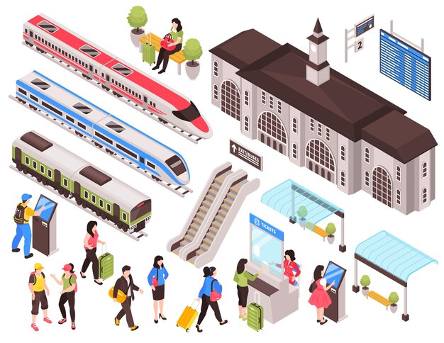 Isometric railway station train set of isolated images with human characters train cars and infrastructure elements vector illustration