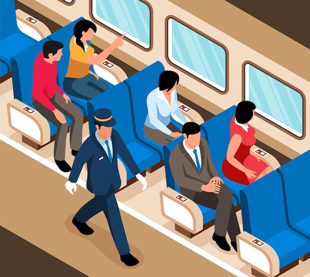 Isometric railway train wagon interior with passengers on their seats and male attendant or conductor 3d vector illustration