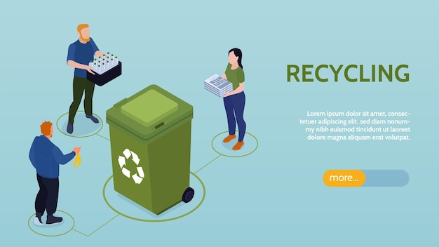 Free Vector isometric recycling horizontal banner with editable text more button human characters surrounding plastic bin for waste vector illustration