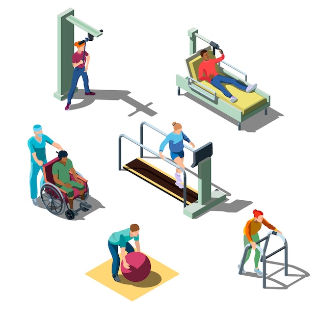 Free Vector isometric rehabilitation medical clinic with human characters. people with problems of the musculoskeletal system do physical therapy exercises. patients on the recovery and treatment program.