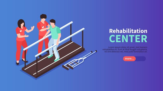 Isometric rehabilitation physiotherapy horizontal web banner with editable text slider button and human characters of medical assistants