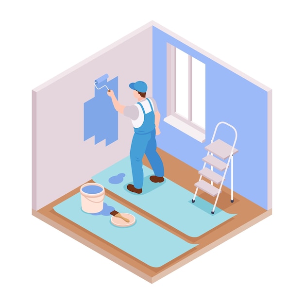 Free vector isometric repairs composition with view of living room with character of repairman painting wall vector illustration