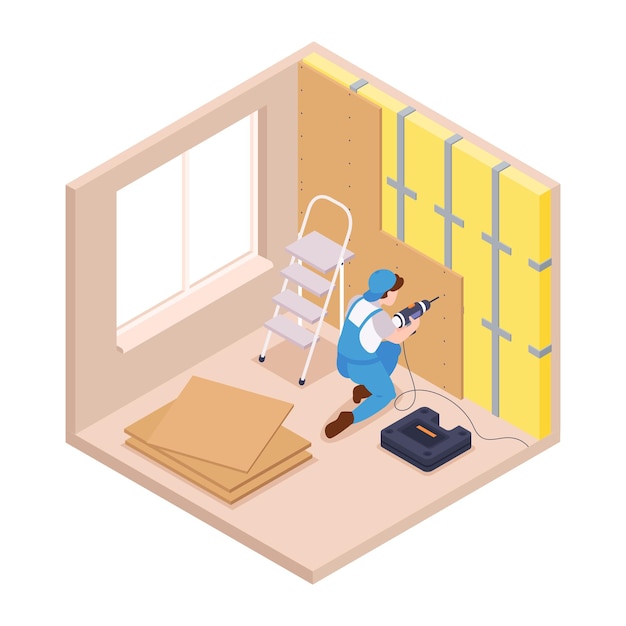 Free vector isometric repairs composition with view of living room with character of repairman renovating wall vector illustration