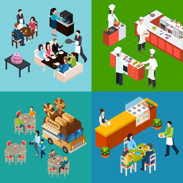 Isometric restaurant banner collection