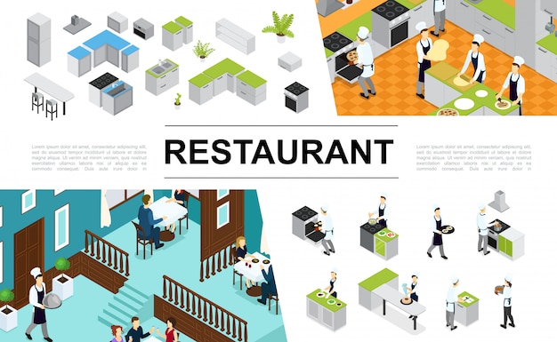 Free Vector isometric restaurant composition with kitchen interior furniture chefs cooking different dishes and meals waiter visitors sitting at table