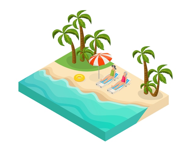 Isometric retired people summer vacation concept with pensioners lying on recliners near sea on tropical beach