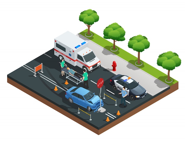 Isometric road accident composition with car bumped into traffic sign and injured driver on emergenc