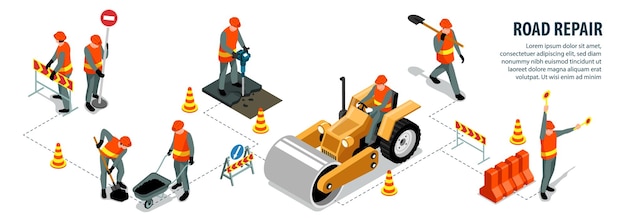 Isometric Road Repair Infographics