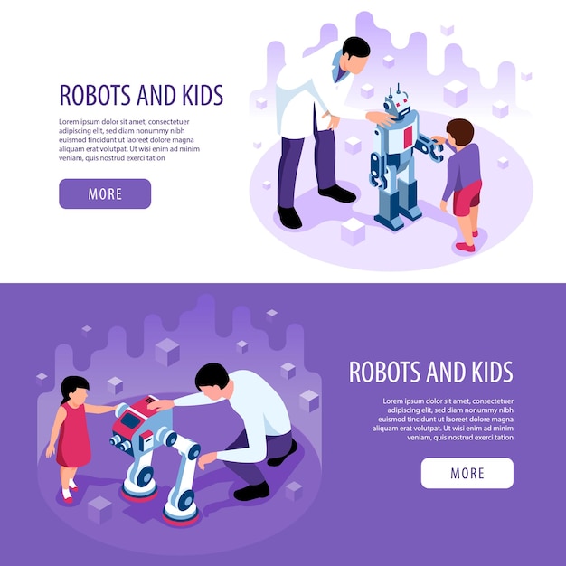 Free Vector isometric robotics kids education set of horizontal banners with more buttons editable text and human characters