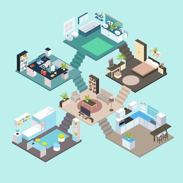 Free Vector isometric rooms composition