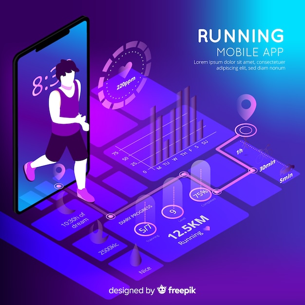 Isometric running mobile app infographic