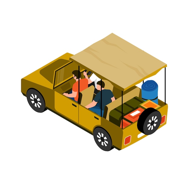 Free Vector isometric safari composition with isolated image of car with tourists on blank background vector illustration